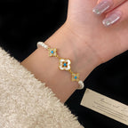 Natural mother-of-pearl four-leaf clover full diamond bead copper alloy bracelet