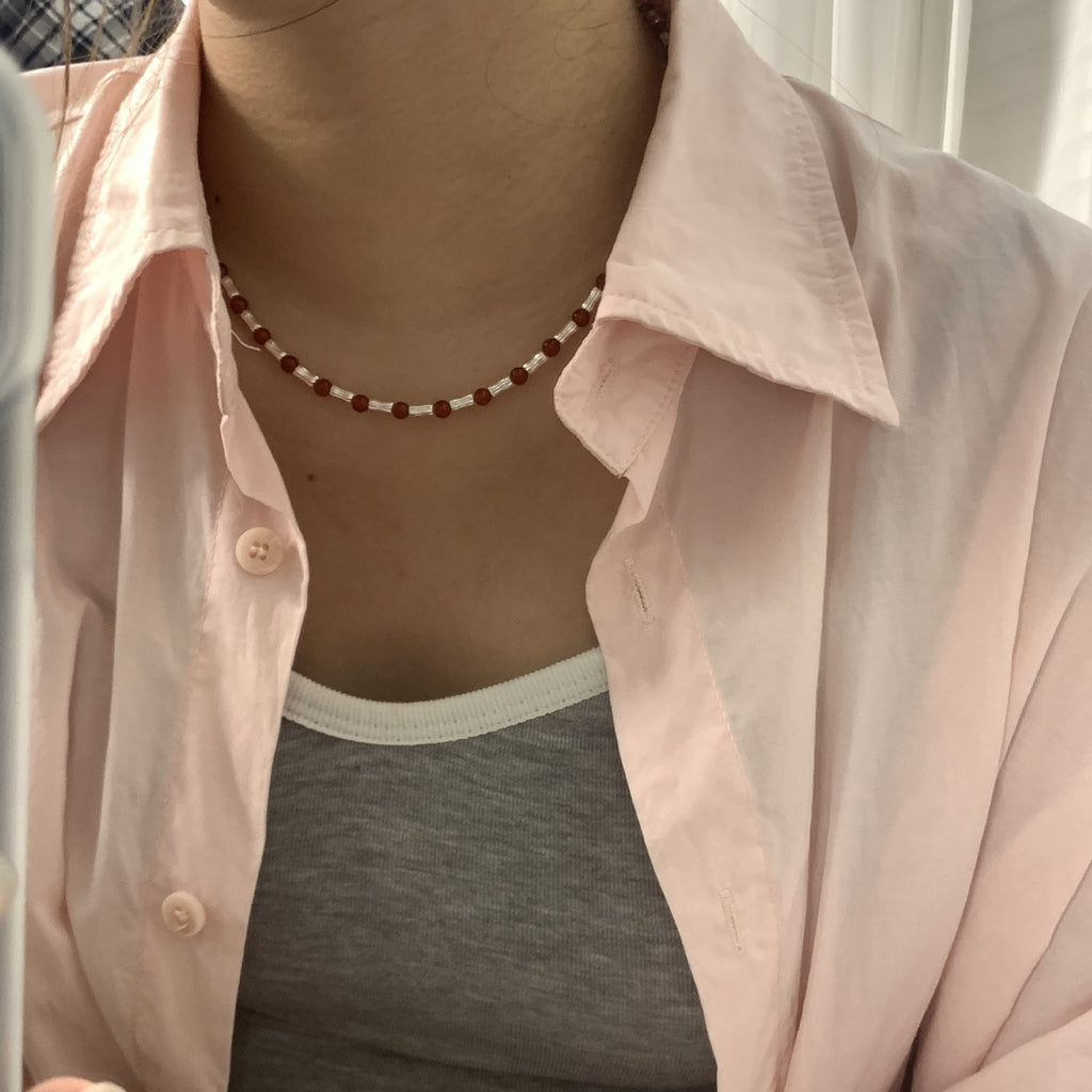 925 Sterling Silver Bamboo-Shaped Red Agate Beaded Necklace and Bracelet