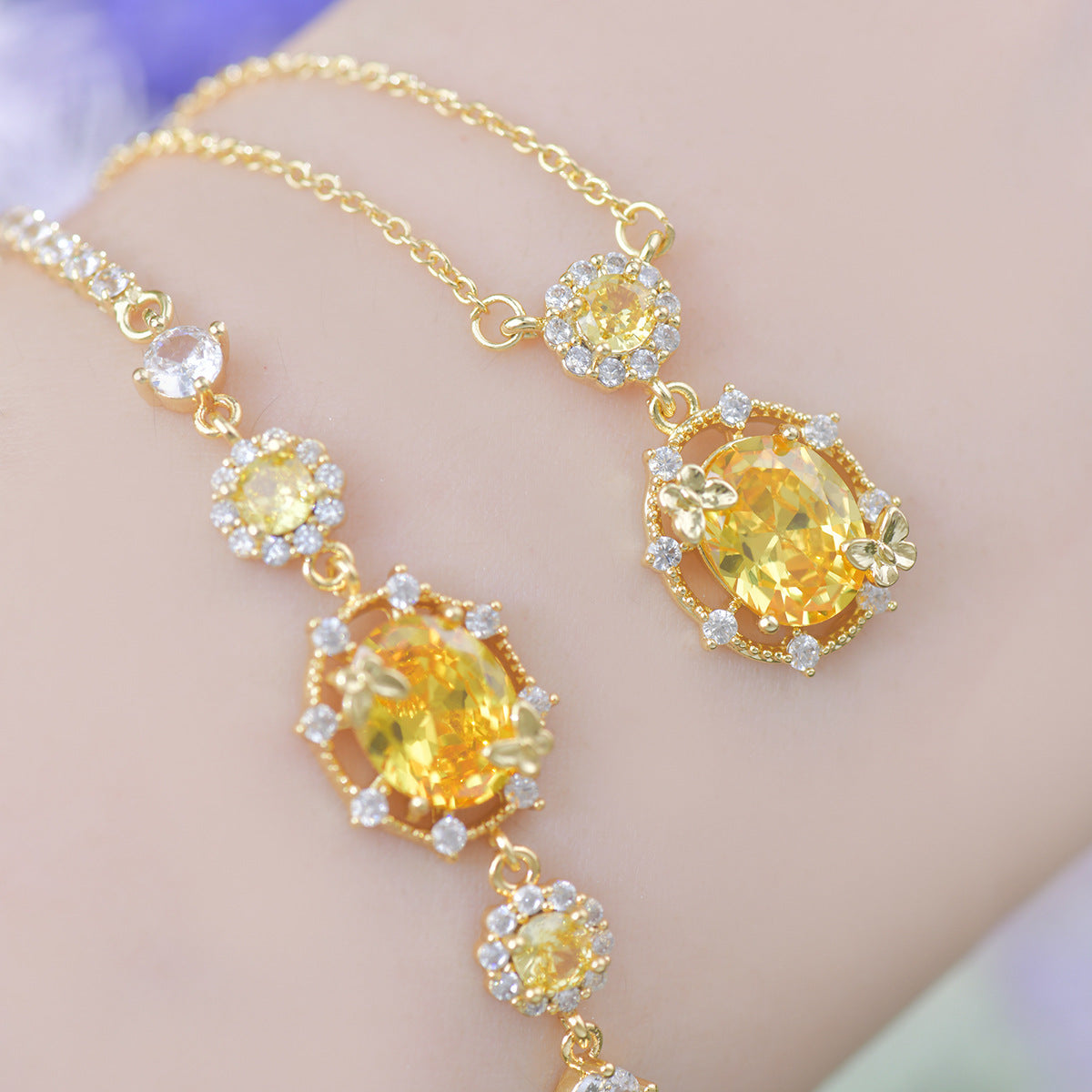 Yellow zircon exquisite butterfly French light luxury copper alloy set
