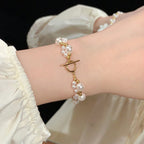 925 Sterling Silver Round Imitation Pearl Hand-woven OT Clasp Bracelet