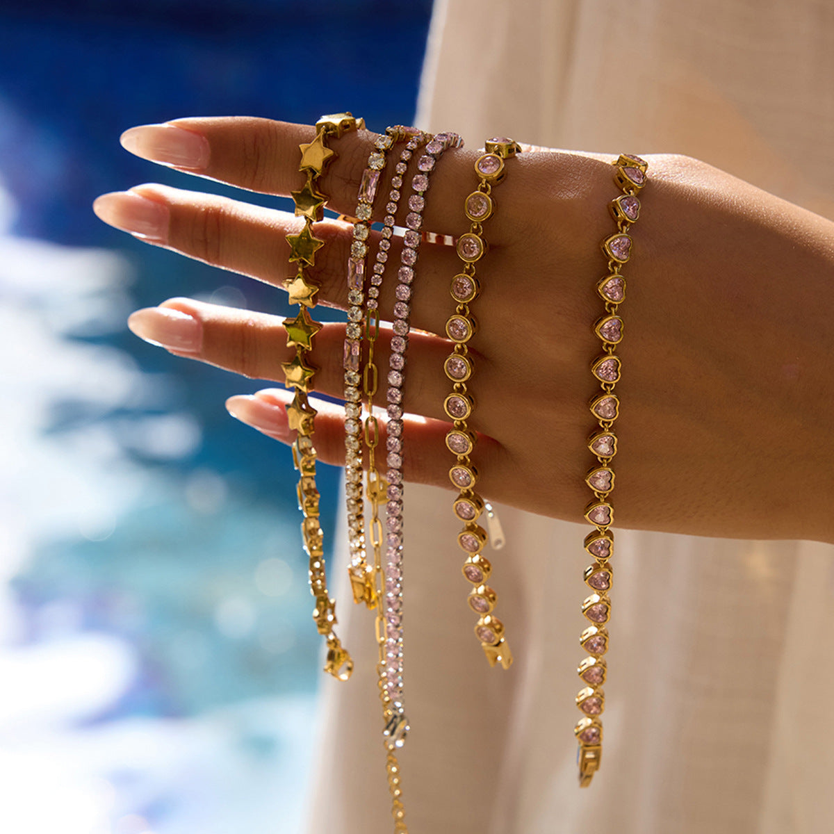 Pink diamond heart-shaped zircon stainless steel bracelet