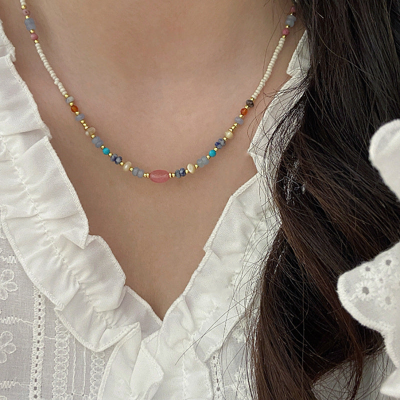 Dopamine-enhanced colored natural stone millet bead necklace with copper alloy beads