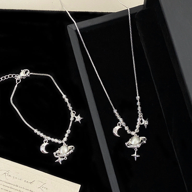 Brushed Planet Pendant Beaded Copper Alloy Necklace