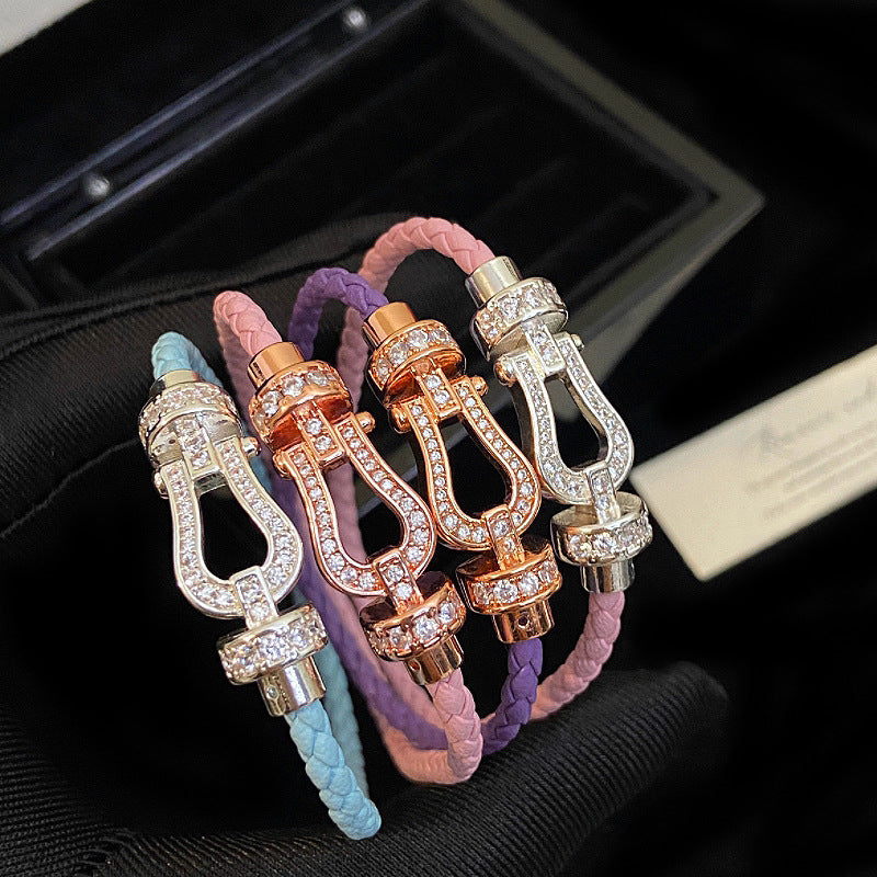 Fully diamond zircon leather braided rope magnetic horseshoe buckle copper alloy bracelet
