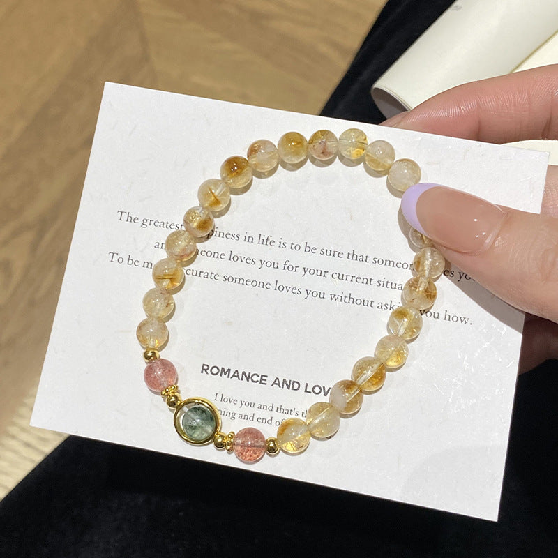 925 Sterling Silver Niche Strawberry Quartz Natural Yellow Tower Crystal Green Phantom Quartz Bracelet