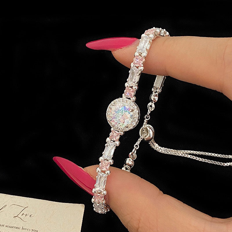 Super sparkly full diamond colored round zircon pendant pink pull-out bracelet