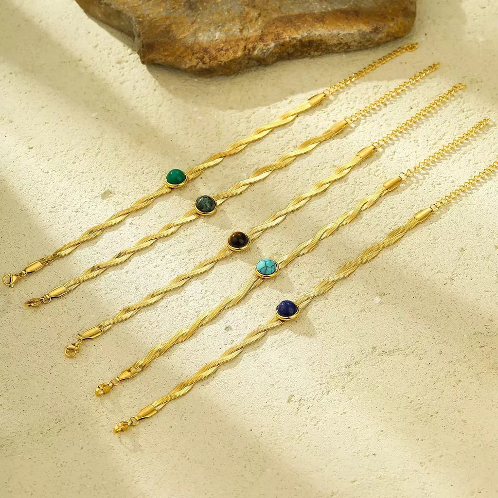 Versatile stainless steel flat snake chain braided bracelet inlaid with turquoise tiger tooth natural stone