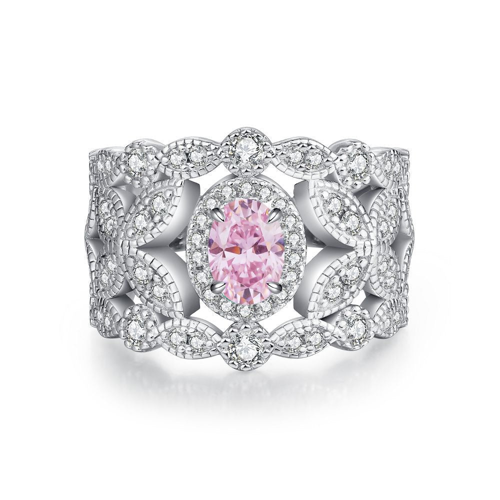 925 Sterling Silver Pink High Carbon Diamond Crush Ice Flower Ring