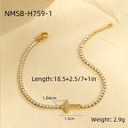 Cross-shaped diamond-encrusted stainless steel bracelet that won't fade.