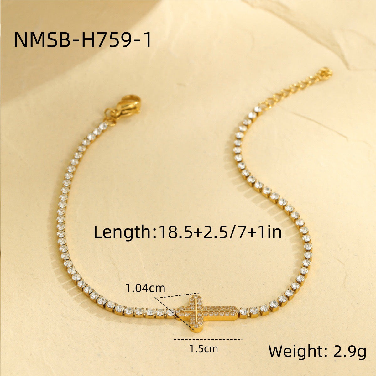 Cross-shaped diamond-encrusted stainless steel bracelet that won't fade.