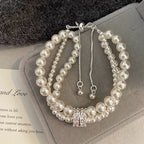 Manta Rose Crystal Pearl Two-Tone Three-Layer Micro-Patterned Zirconia Bracelet