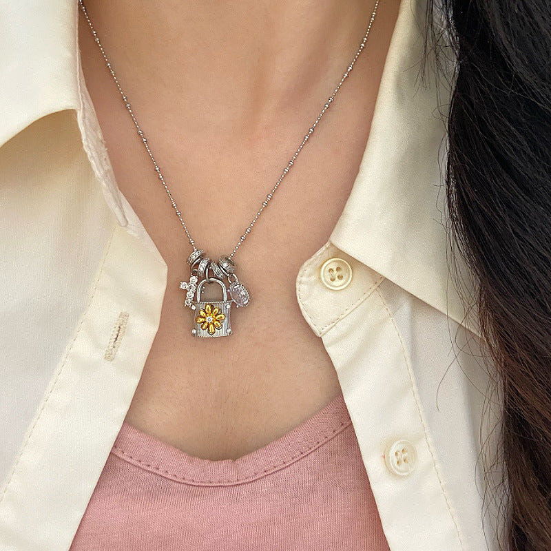 Vintage gold cross clasp lock pouch detachable copper alloy necklace