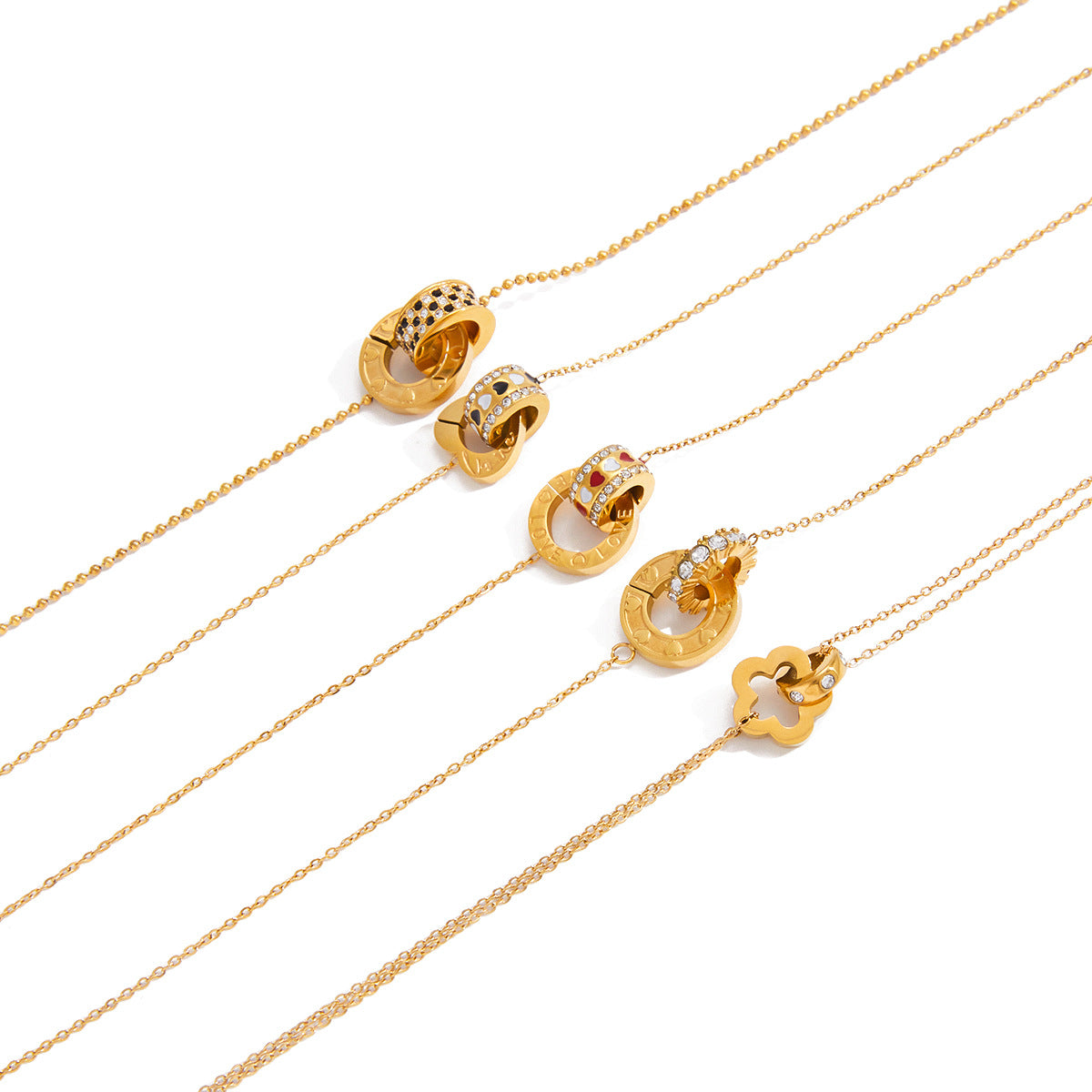 Rhinestone Stainless Steel Circle Lucky Bead Necklace