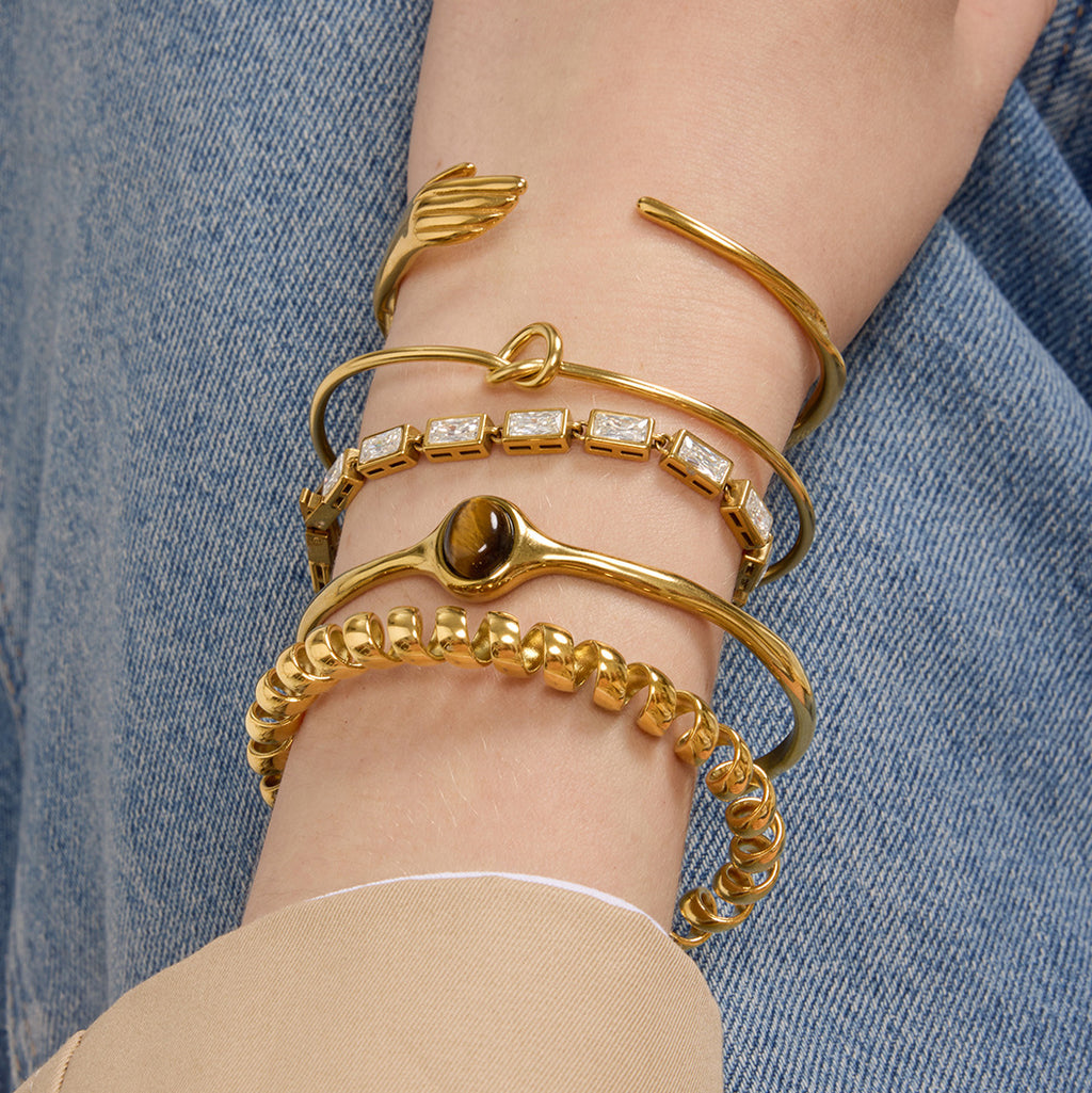 Tiger's Eye Stainless Steel 18k Gold Non-Fading Open Bangle