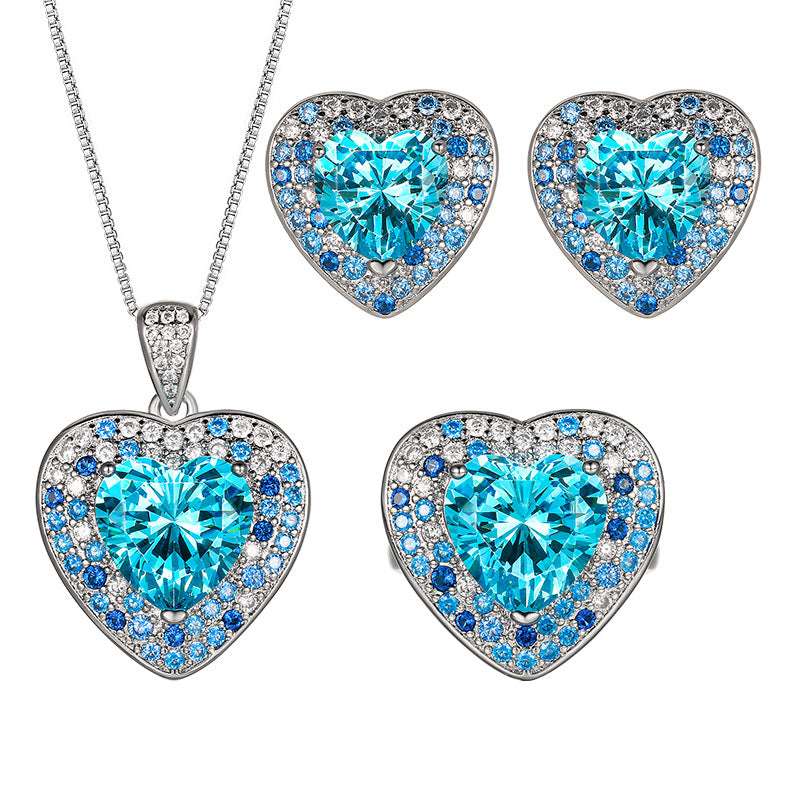 Classic Ocean Heart Inlaid Blue Zircon Copper Alloy Set