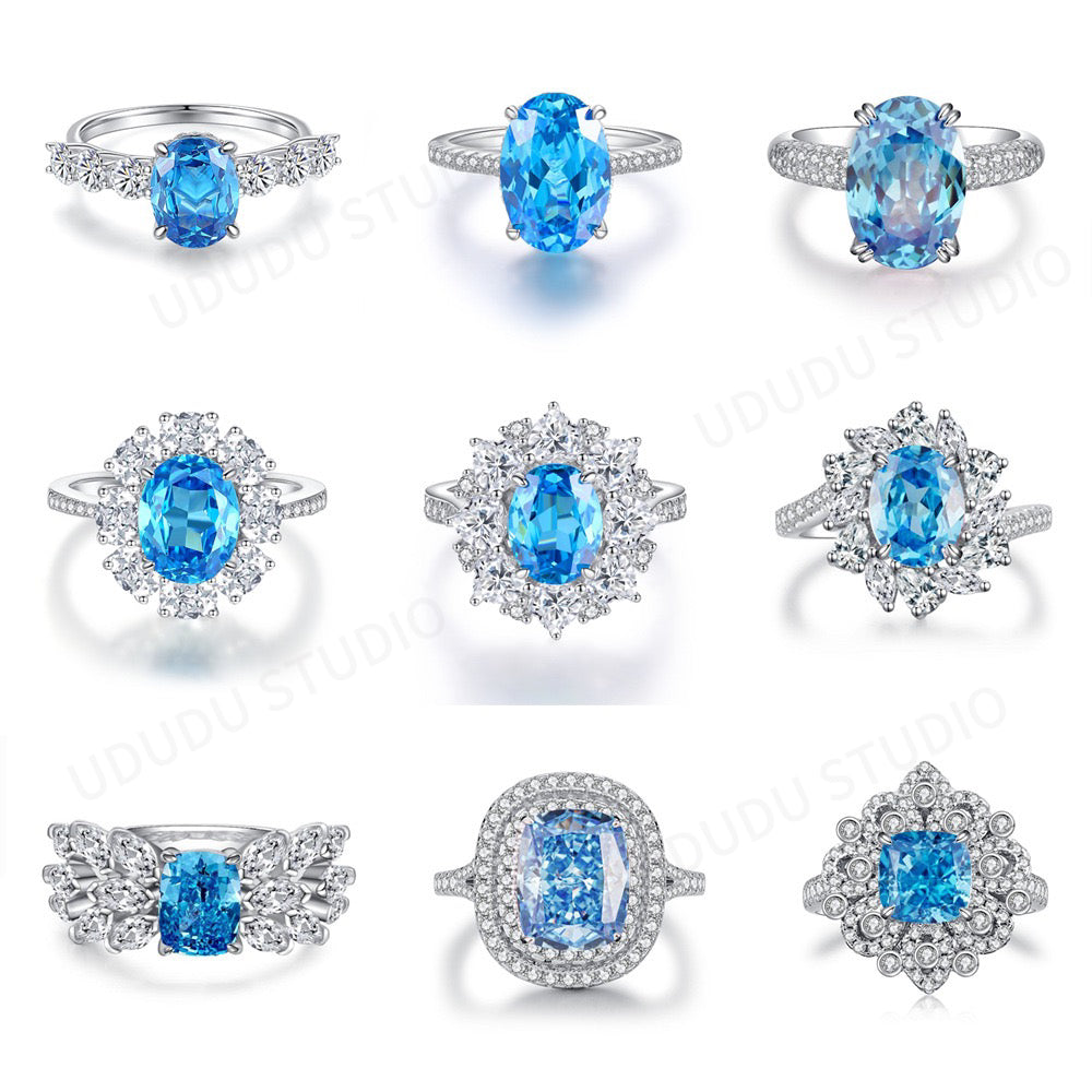 925 Sterling Silver Blue High Carbon Diamond Crush Ice Flower Ring