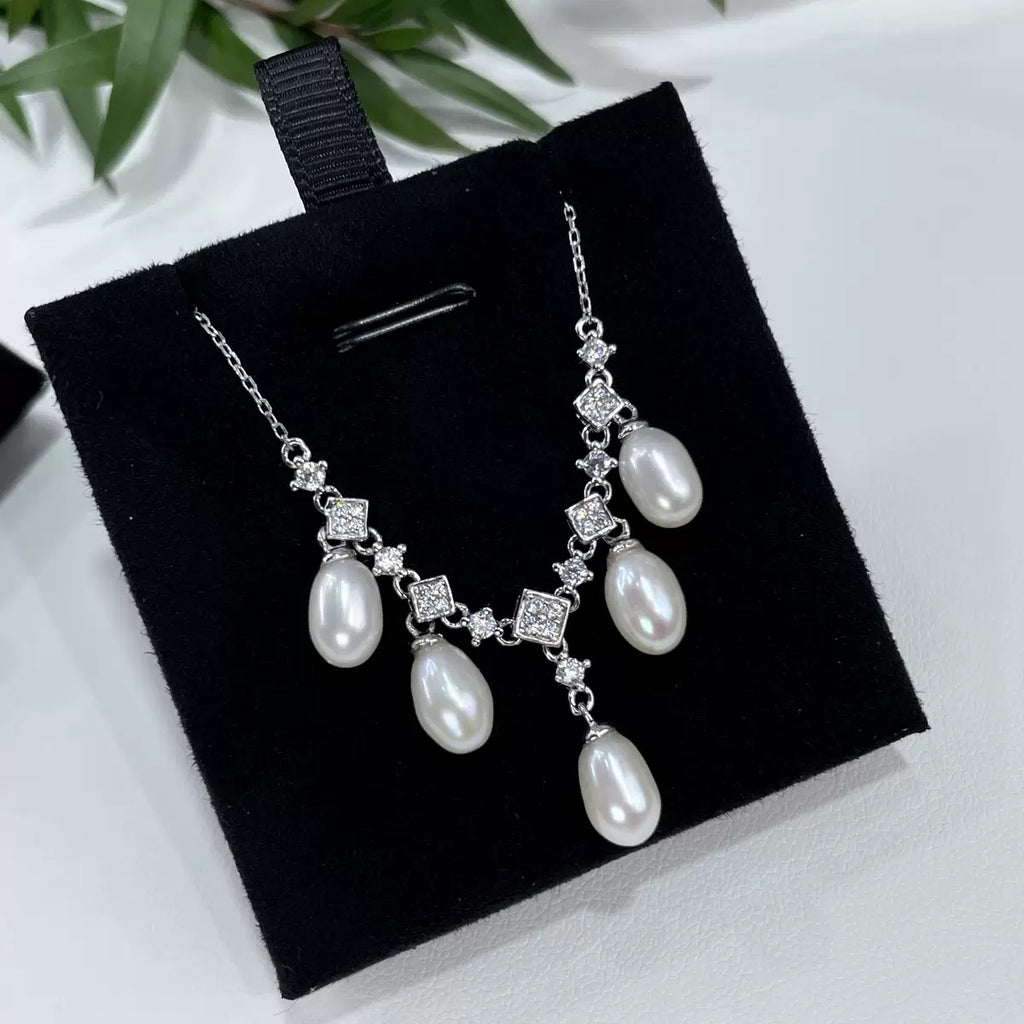 S925 Sterling Silver Tassel Necklace with Zircon Natural Freshwater Rice-Shaped Aurora Pearls (5mm-8mm)