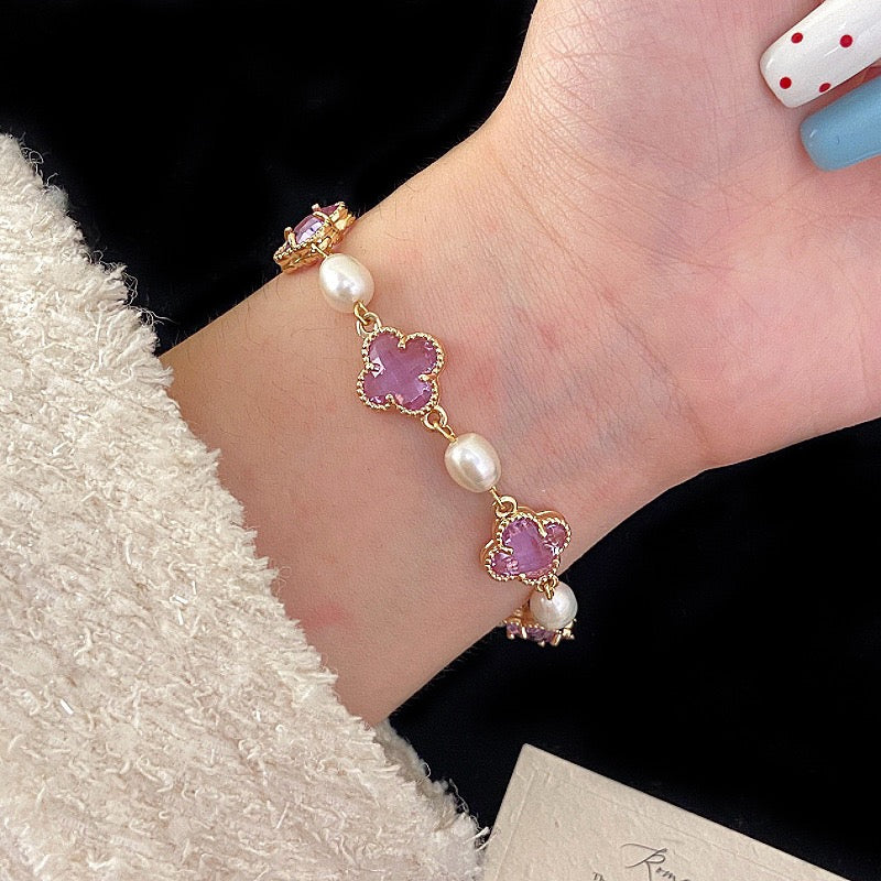 Natural freshwater pearl, amethyst, rose quartz, citrine, colored zircon, four-leaf clover, stacked copper alloy bracelet