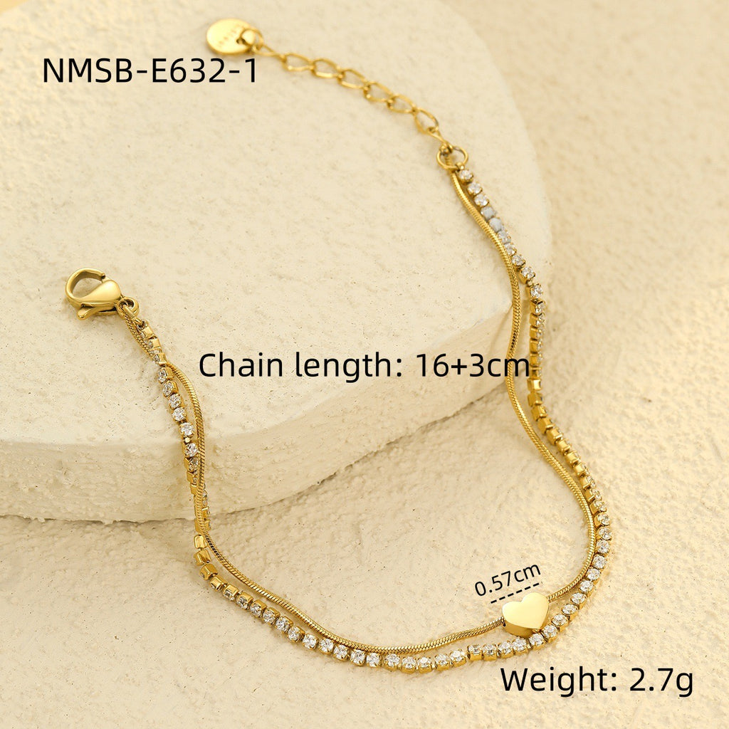 Niche high-end stainless steel double-layer heart-shaped zircon stacked bracelet