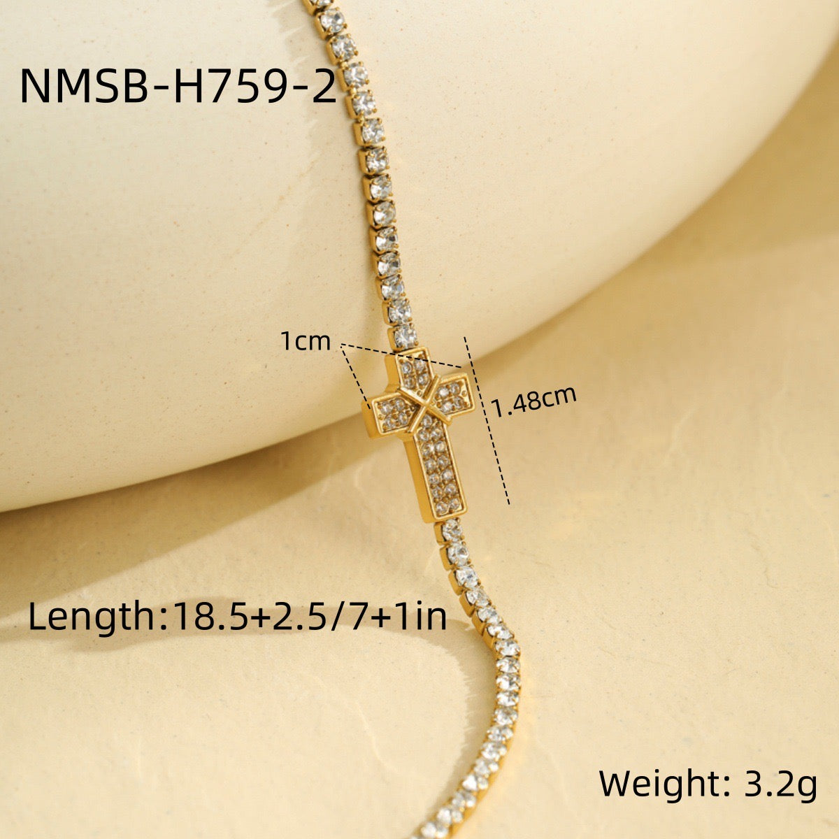Cross-shaped diamond-encrusted stainless steel bracelet that won't fade.