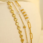 Gold three-layer stacked bracelet, versatile natural stone round stainless steel bracelet