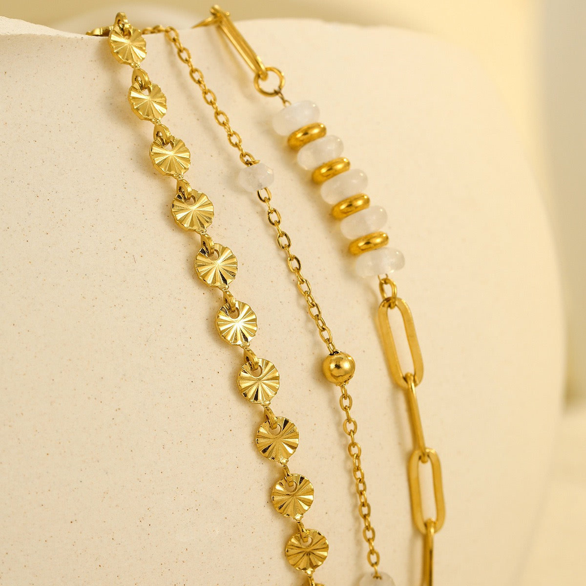 Gold three-layer stacked bracelet, versatile natural stone round stainless steel bracelet