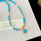 Turquoise freshwater pearl zircon heart-shaped copper alloy pendant