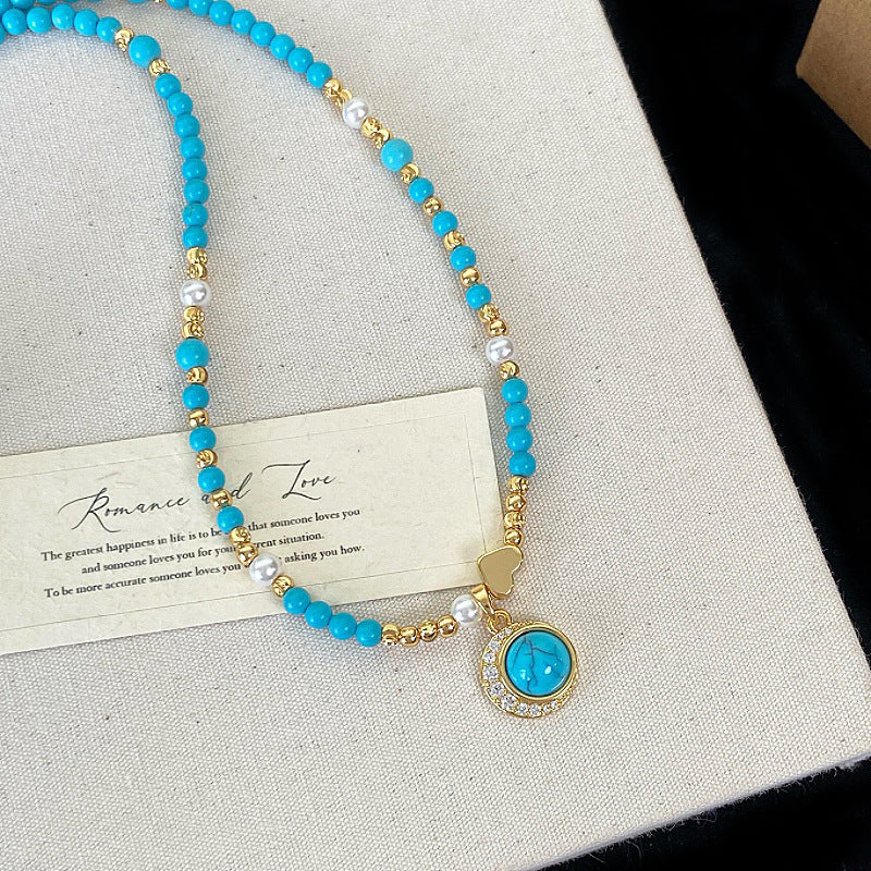 Turquoise freshwater pearl zircon heart-shaped copper alloy pendant