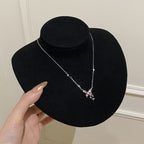 925 Sterling Silver Sweet Butterfly Pink Diamond Star Tassel Necklace