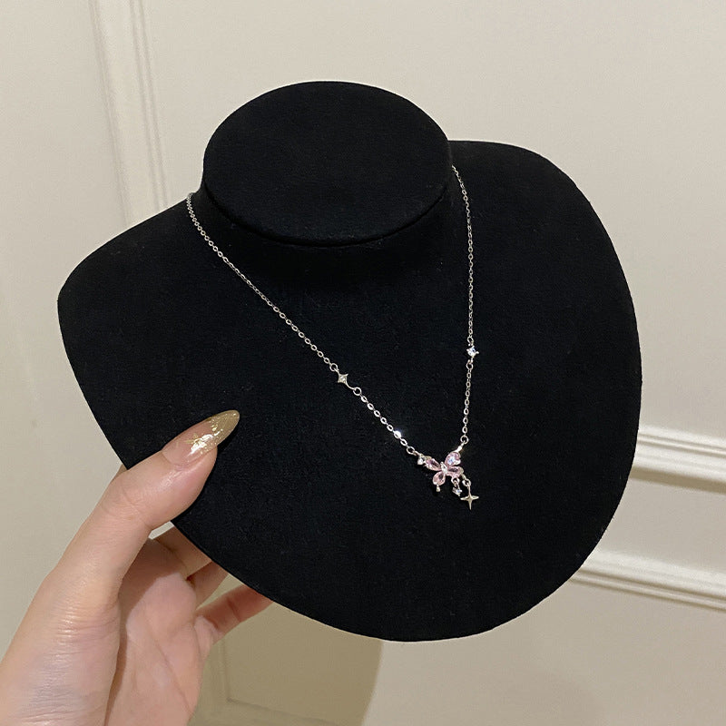 925 Sterling Silver Sweet Butterfly Pink Diamond Star Tassel Necklace