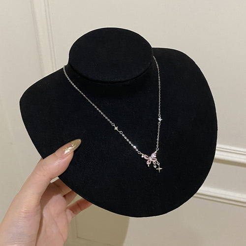 925 Sterling Silver Sweet Butterfly Pink Diamond Star Tassel Necklace