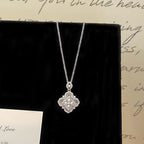 Cat's eye stone four-leaf clover full diamond pearl double-layer pendant copper alloy necklace