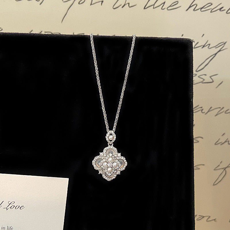 Cat's eye stone four-leaf clover full diamond pearl double-layer pendant copper alloy necklace