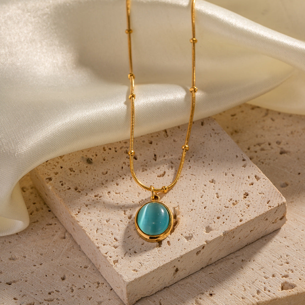18K gold-plated stainless steel blue cat's eye necklace