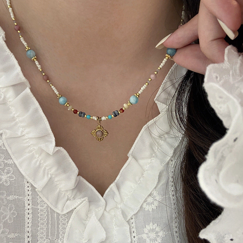 Dopamine-enhanced colored natural stone millet bead necklace with copper alloy beads