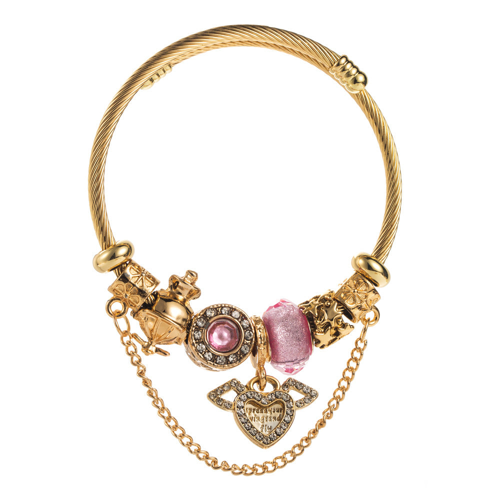 Vintage beaded heart-shaped diamond-encrusted stainless steel bracelet