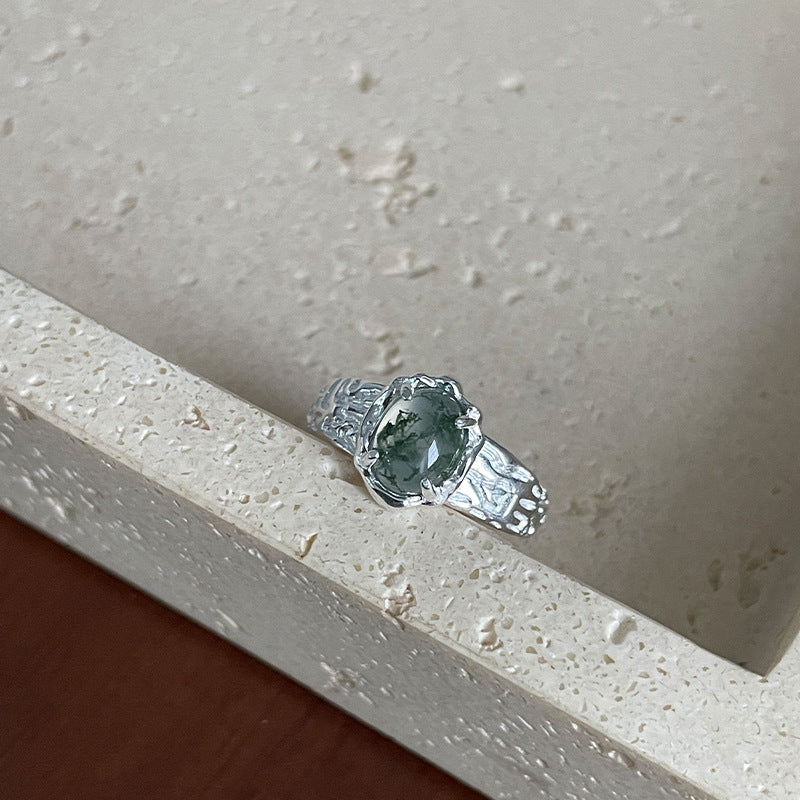 925 Sterling Silver Heavy-Duty Feather Stacked Seaweed Agate Ring