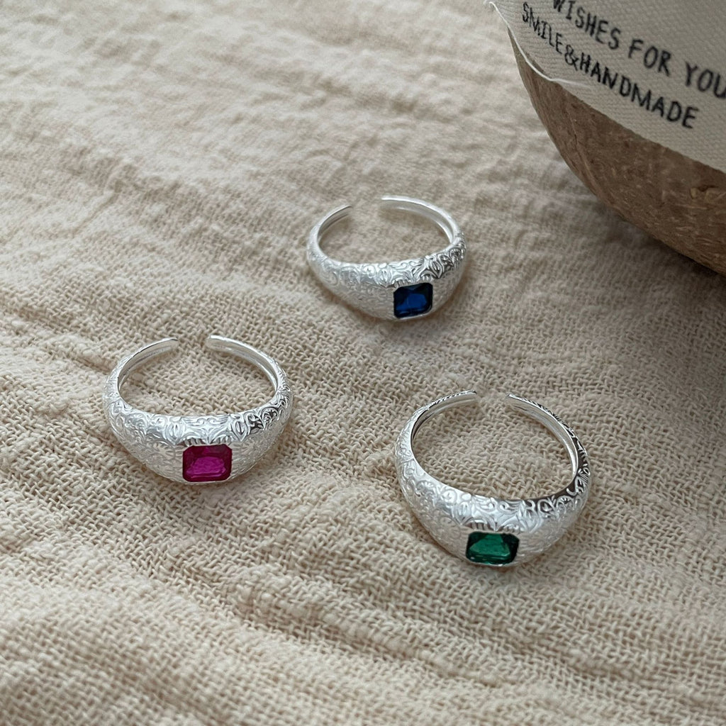 925 Sterling Silver Vintage Style Carved Square Diamond Ring