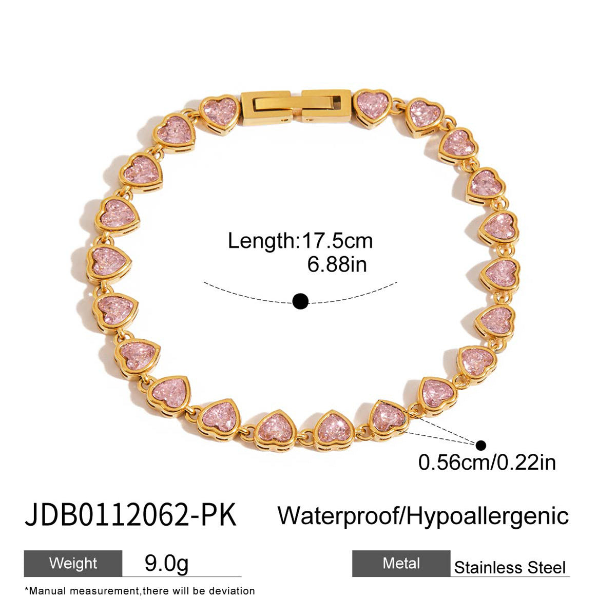 Pink diamond heart-shaped zircon stainless steel bracelet