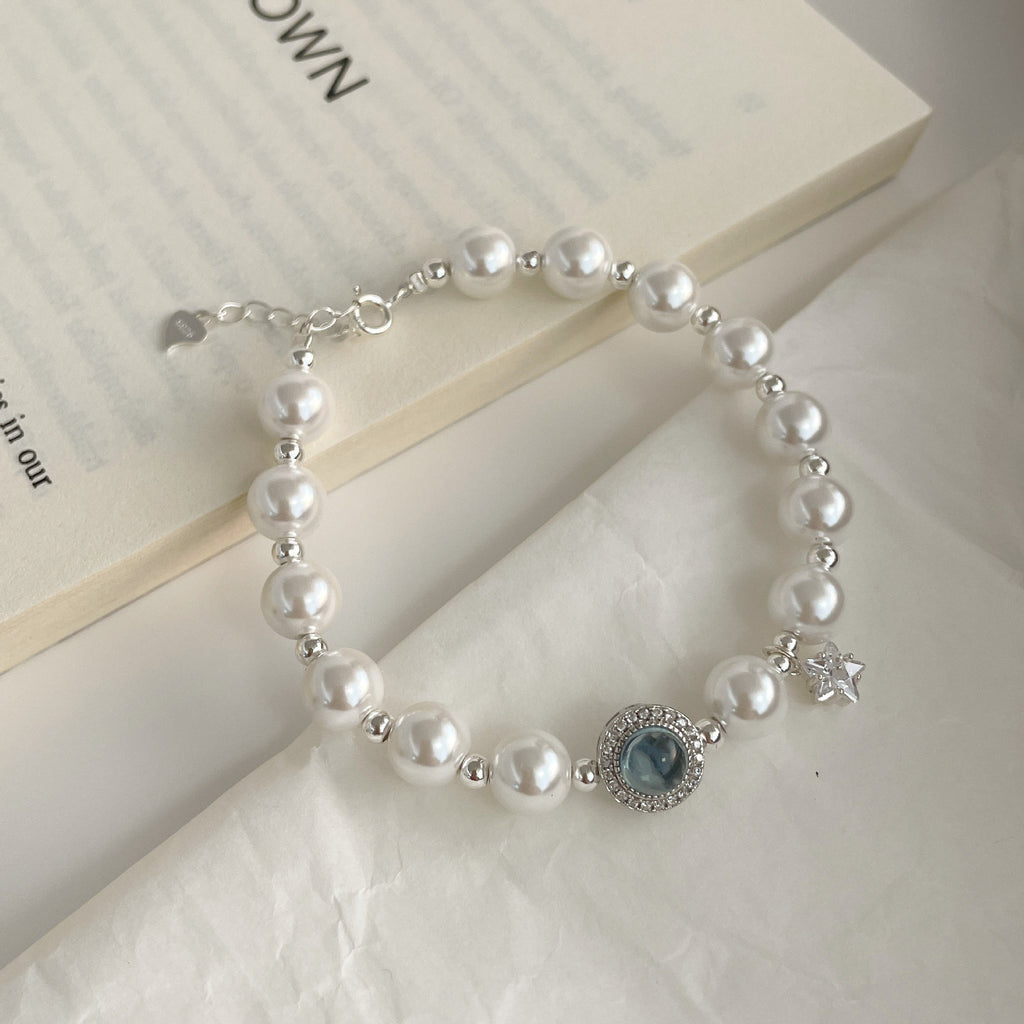 925 Sterling Silver Imitation Pearl Starry Sky Sapphire Handmade Bracelet