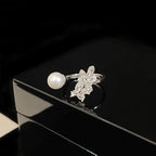 Full diamond sparkling zircon leaf pearl copper alloy ring