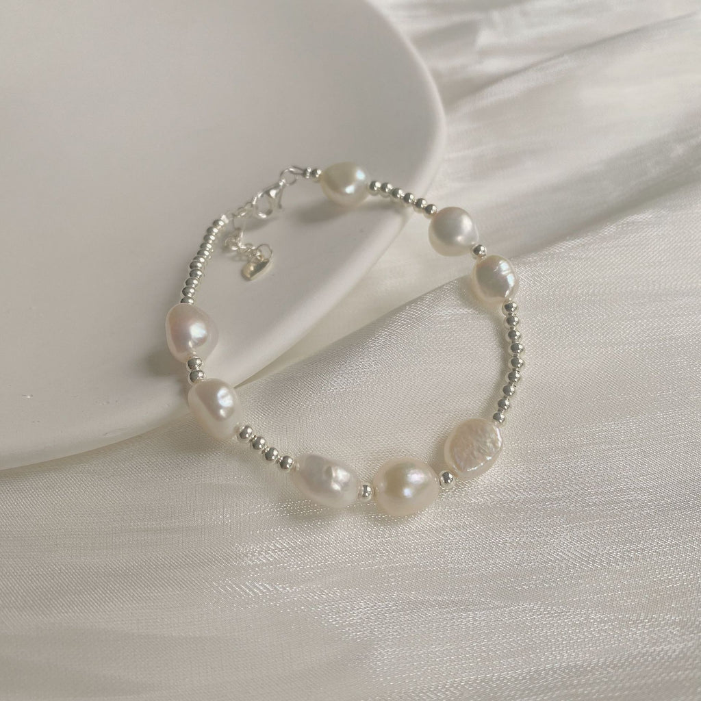 925 Sterling Silver Round Freshwater Pearl Baroque Shaped Pearl Bracelet