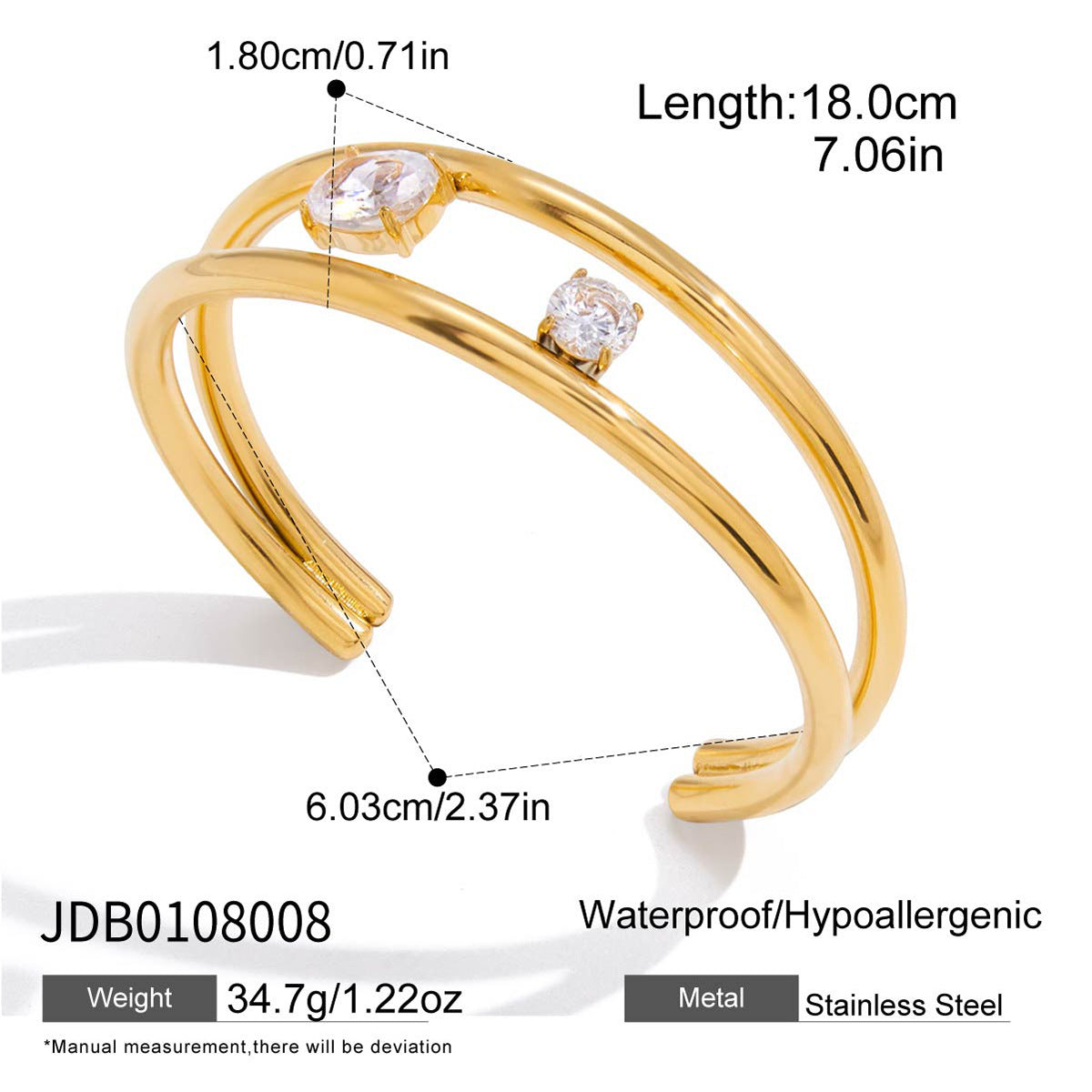 Zircon colorfast 18k gold stainless steel bracelet