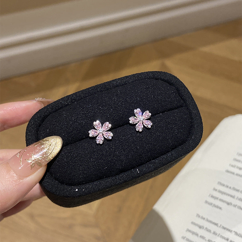 925 Sterling Silver Pink Diamond Five-Petal Cherry Blossom Earrings