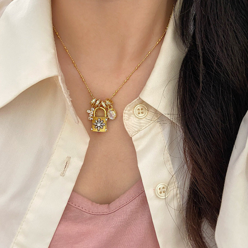 Vintage gold cross clasp lock pouch detachable copper alloy necklace