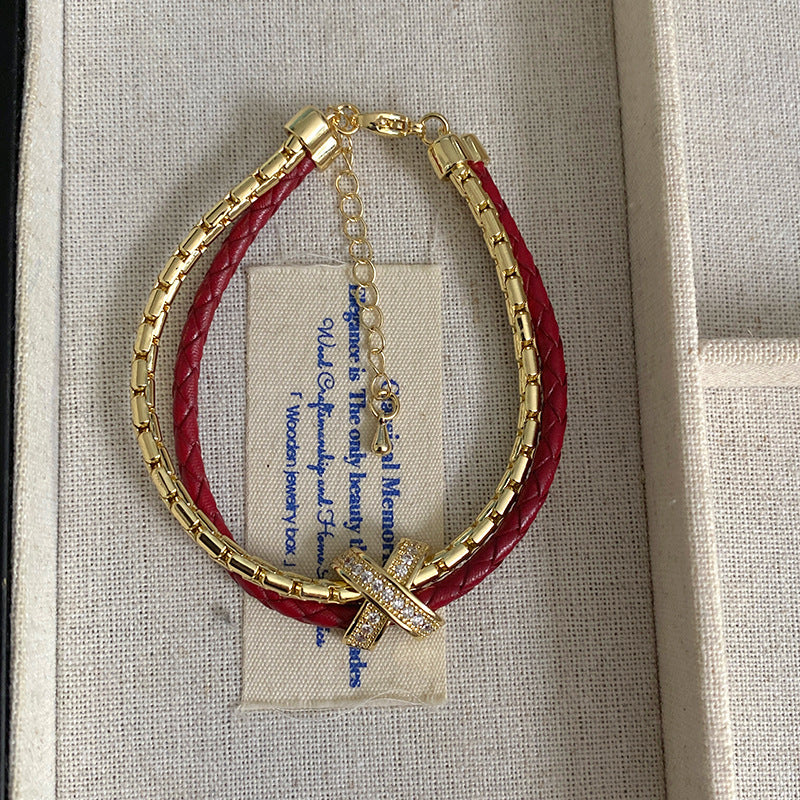 Double-layer leather cord X-letter copper alloy bracelet