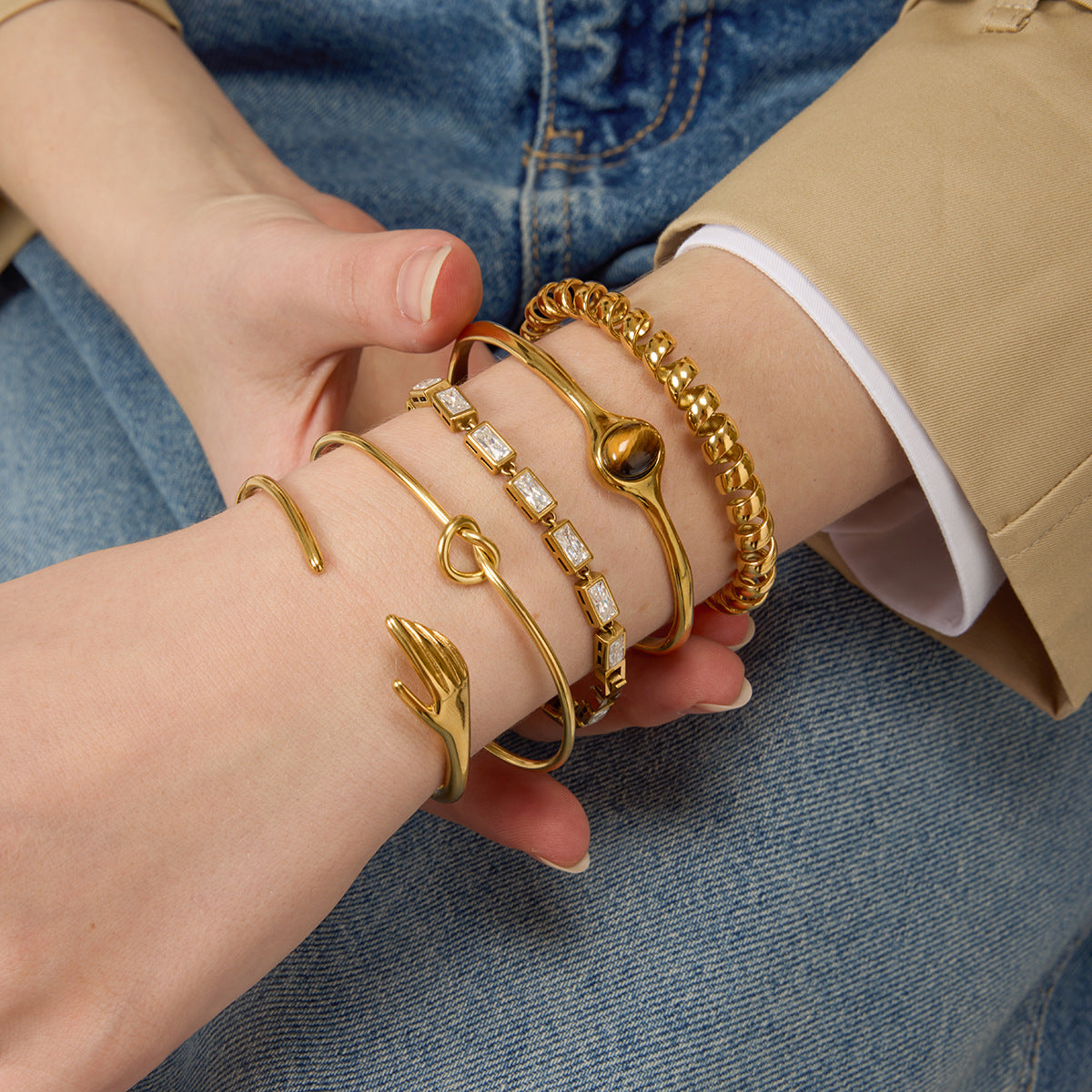 Tiger's Eye Stainless Steel 18k Gold Non-Fading Open Bangle