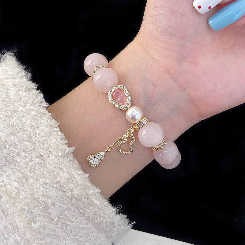 Pink crystal bead gourd pendant, four-leaf clover crystal elastic copper alloy bracelet