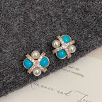 Turquoise four-leaf clover pearl micro-pave zircon copper alloy necklace