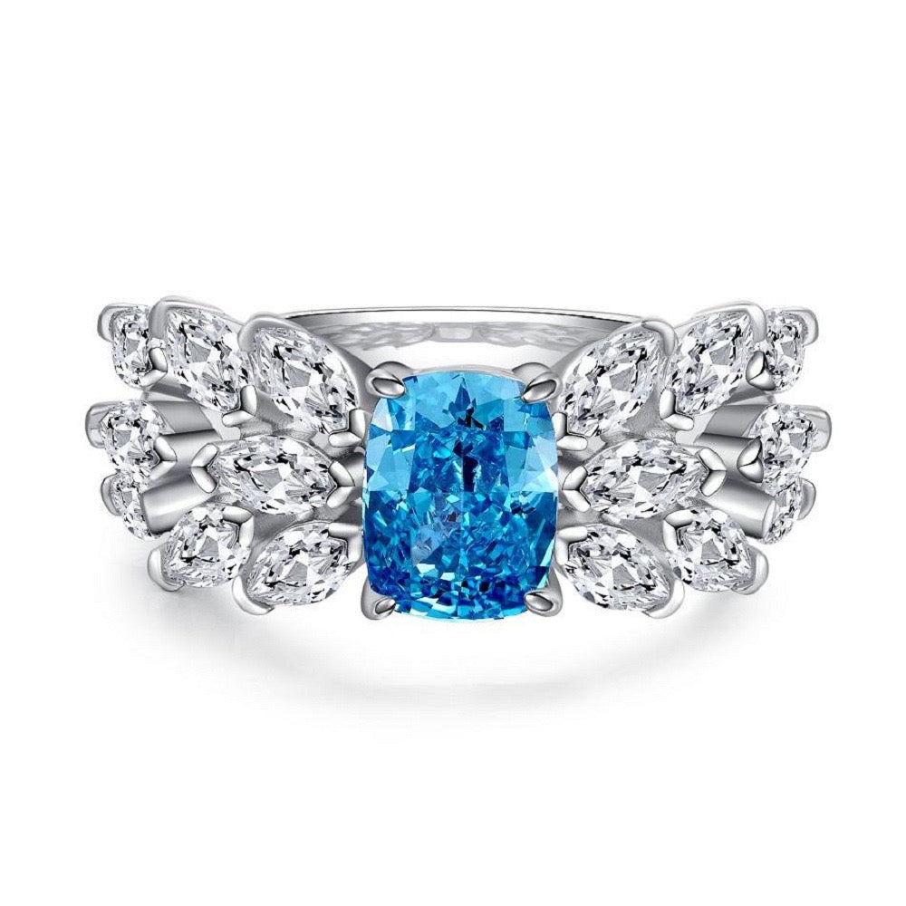 925 Sterling Silver Blue High Carbon Diamond Crush Ice Flower Ring